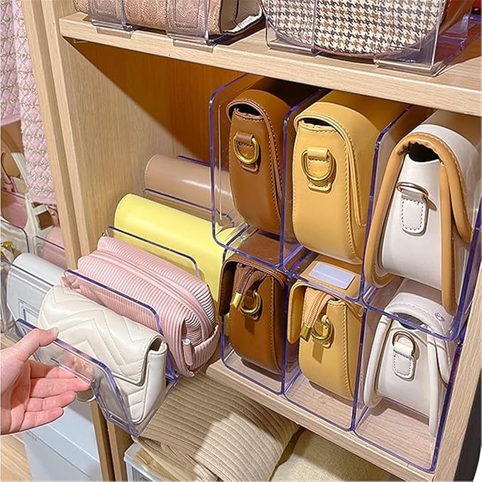 YAGELI Clear Acrylic Purse Organizer for Closet, 3-4 Section Desk File Sorter, 2.95" Wide Slots for Clutches, Handbags, Binders & Folders, Sturdy Stackable Bookshelf Organizer, 4-Pack (4 Sections)