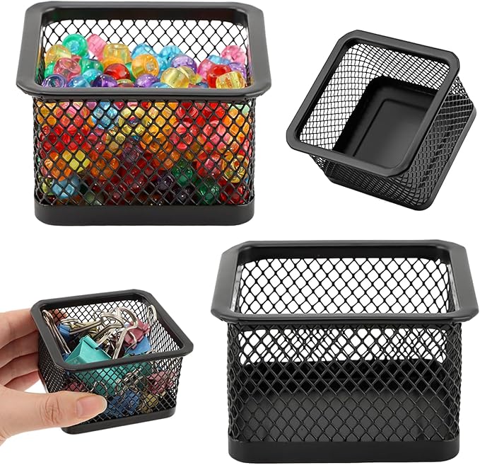 Paper Clip Holder, Stackable Mesh Desk Organizer, 4 Pack Black Metal Dispenser Organizer Box for Desk Office Binder Supplies & Small Accessories(Size:Square)