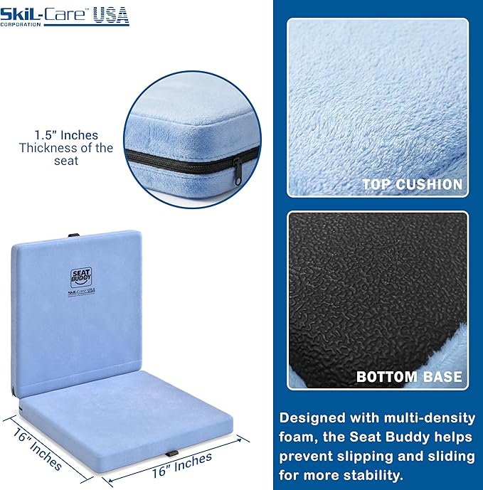 Skil-Care Seat Buddy Portable Seat Cushion, Foldable Chair Cushions with Non-Slip Bottom for Office Chair, Recliner Chair, Stadium Seats, Wheelchair, Travel, 16"x16", Blue Cozy Cloth, 914350