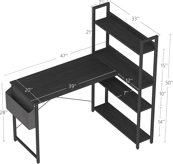 Treesland 47 Inch Computer Desk with Bookshelf, Corner Desk with Storage, L Shaped Desk, Home Office Desks, Writing Study Desk for Bedroom, Black