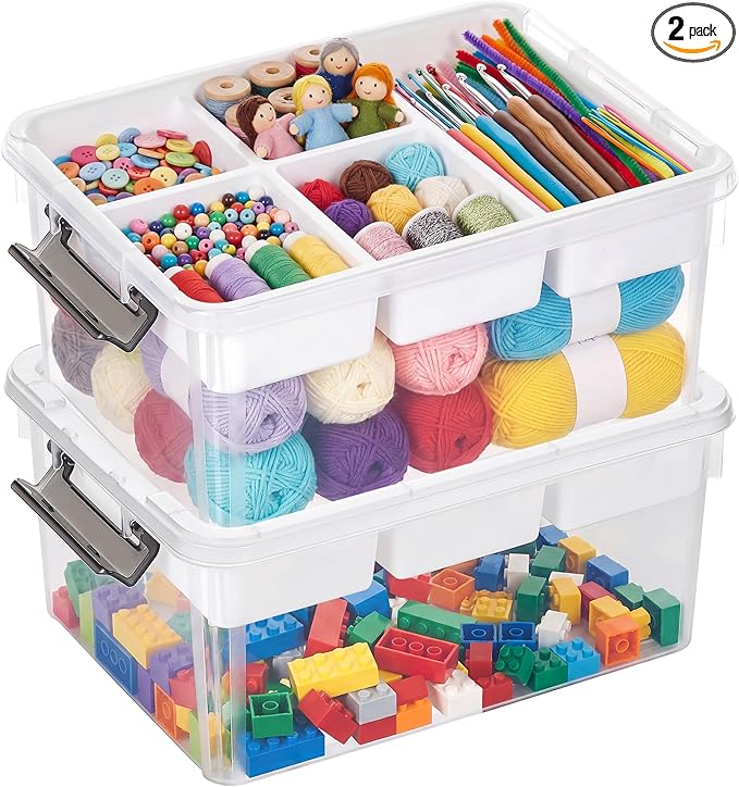 Citylife 17 QT Plastic Storage Box with Removable Tray Craft Organizers and Storage Clear Storage Container for Organizing Bead, Tool, Sewing, Playdoh, 2 Packs
