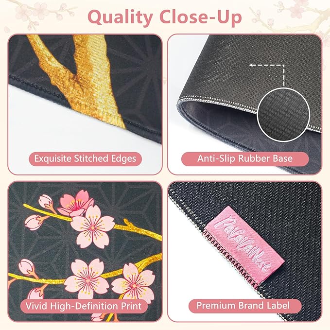 Black Cherry Blossom Mouse Pad Large 35.4×15.7 Pink Floral Japanese Desk Mat for Women, Non-Slip Water-Resistant Keyboard Pad for Home Office Gaming