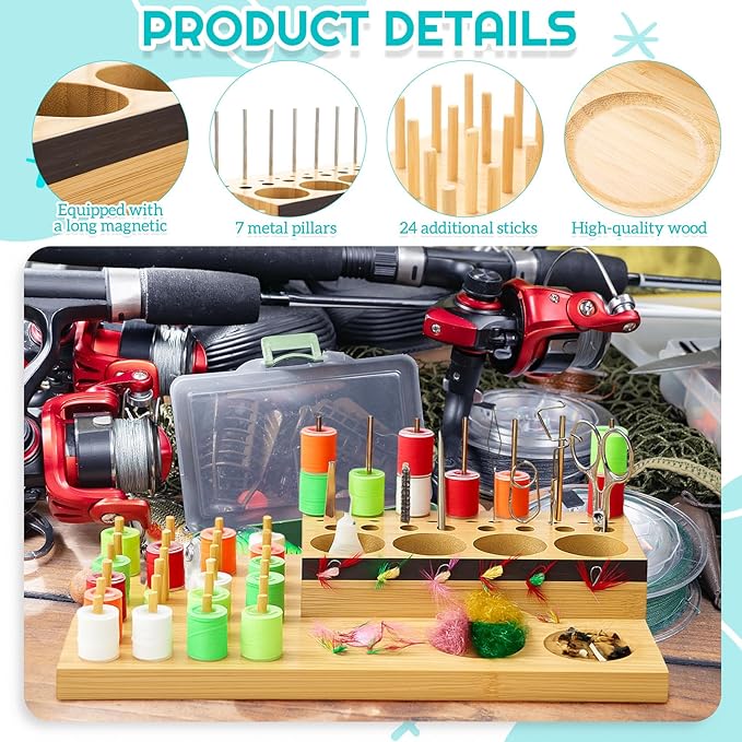 Yalikop Wooden Fly Tying Fishing Kit Organizer with Soft Magnets & Thread Spool Stand, Fly Tying Tool Caddy Desktop Storage Rack, Fishing Materials Tray Station(Simple,15 x 8.5 x 2.24 Inch)