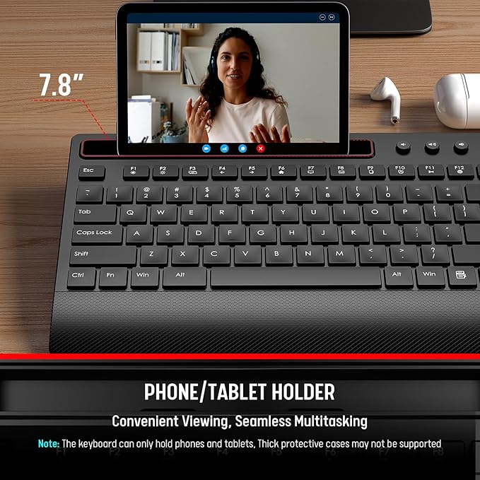 Trueque KM31 Wireless Keyboard and Mouse Combo - Full-Size Quiet Typing with Palm Rest, Phone Holder, Multimedia Keys, Power Switch, Batteries Included, Compatible with Windows, Chrome OS, PC, Laptop