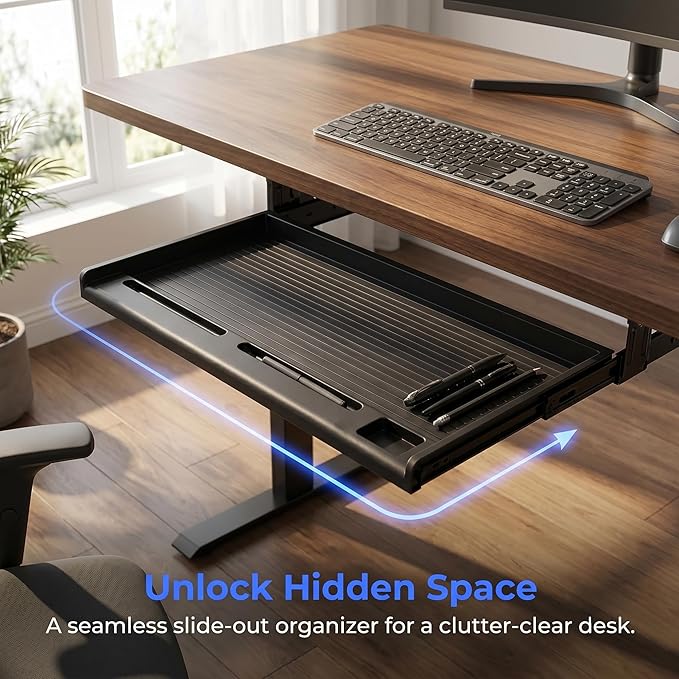 jojofuny Under Desk Keyboard Tray with Pen Organizer, Screw-Mounted Slide-Out Organizer Drawer, Space-Saving Under Desk Shelf for Mouse, Pens & Office Supplies
