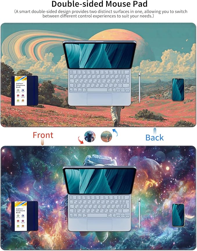 AQQA Double-Sided Extra Large Gaming Mouse Pad, Astronaut and Nebula Art Desk Mat, Smooth Surface, Non-Slip Rubber Base, Waterproof & Durable Stitched Edges for Office and Gaming,31.5”x15.7”