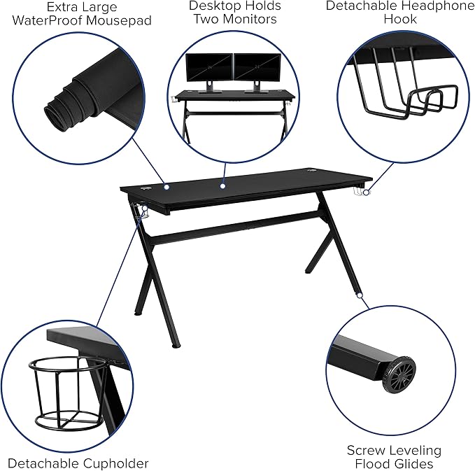 EMMA + OLIVER Black/Red Gaming Desk Bundle - Cup/Headset Holder/Mouse Pad Top