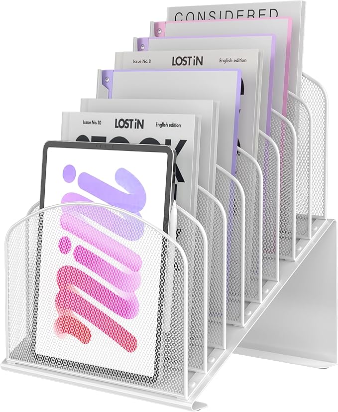Inclined Desk File Organizer Metal Desk Magazine Folder Holder with 8-Section Vertical Compartments Rack File Organizer for Office, Home, School, White