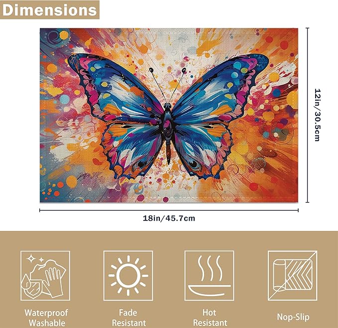 Colorful Butterfly Placemats Set of 6 Linen Table Mats, 12x18 Inch Washable Placemats for Dining Table, Non Slip Heat Resistant Mats for Kitchen Home Decor