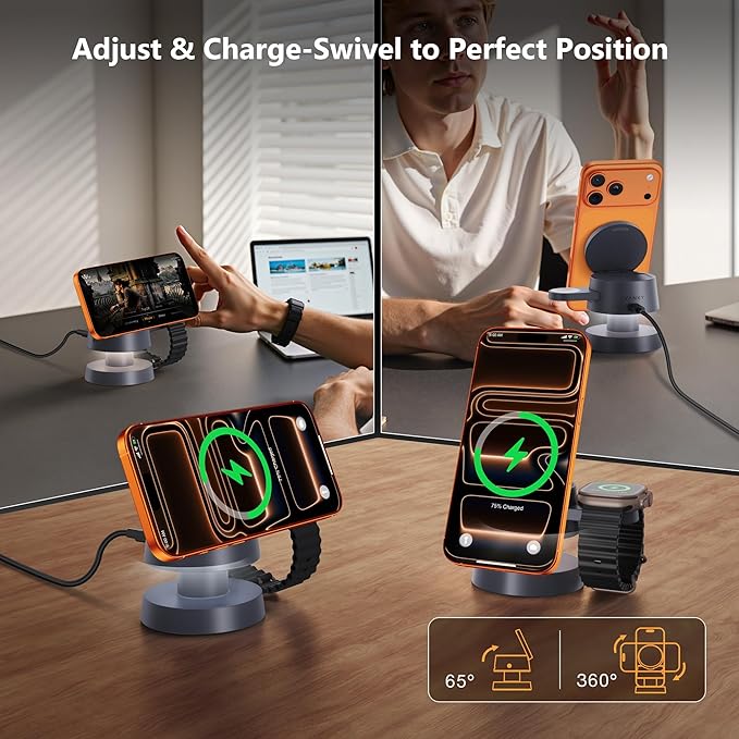 iVANKY 4 in 1 Wireless Charging Station with Night-Lamp for MagSafe Charger Travel Stand, 3 in 1 Charge for iPhone 17e/17/16/15/14/13/12/11, Apple iWatch, Airpods（Included 100W Adapter