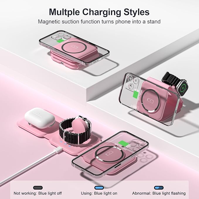 3 in 1 Charging Station for Multple Devices,Foldable 3 in 1 Wireless Charger for Travel,Nano Wireless Charging Station for iPhone16 15 14 13 12 Pro Max/Watch 10 9 8 7 6 5 4 3 Ultra/AirPod Pro