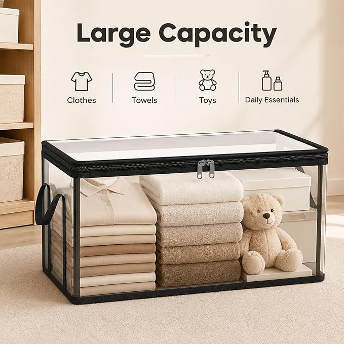 HICOOL Large Clear Thick Plastic Storage Box with Hinged Lid, Heavy-Duty Durable High Capacity Organizer, Perfect for Home, Camping, Travel, Attic and Moving (1 PCS)