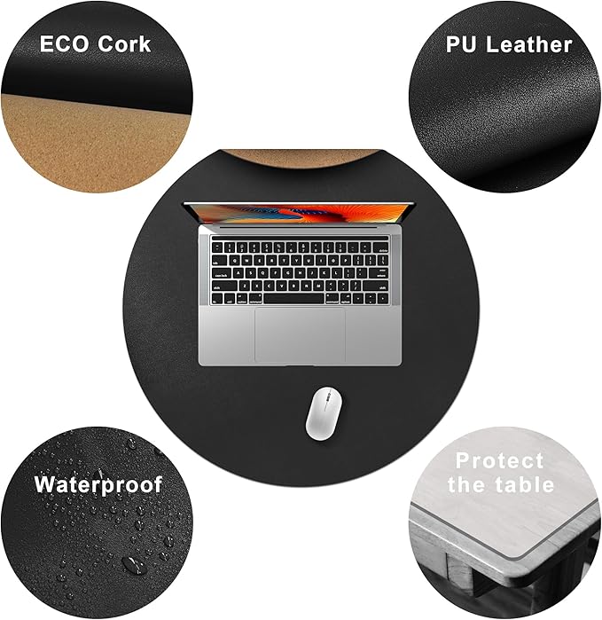 CENNBIE 23.6 Inches Round Table Mat - Cork Leather Table Pad Protector- Suitable as Side Dining Coffee Table Cover (Black)