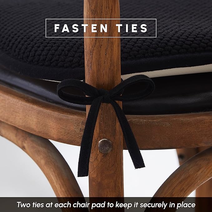 Elegant Comfort 2 Pack Chair Cushion Covers - Skid-Proof Rubber Backing - 16 x 16 Inch - Thick Dining Square Shape Seat Covers - Comfortable Textured Chair Pads with Ties - Honeycomb Pattern, Black