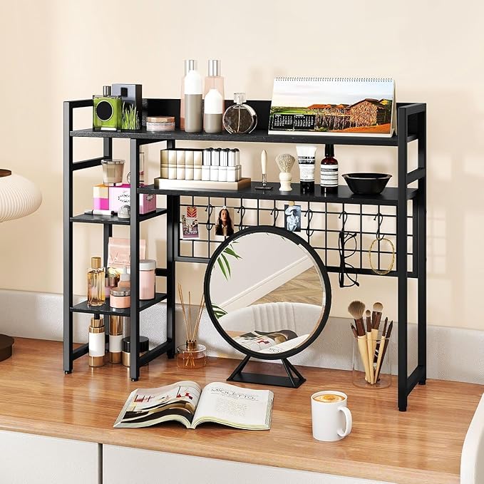 COSTWAY Desktop Bookshelf for Monitors up to 32", 37" x 10" Countertop Organizer with 4 Open Shelves, Grid Panel with 6 Hooks, Anti-Tip Safety Kit, and Adjustable Feet for Home Office (Black)