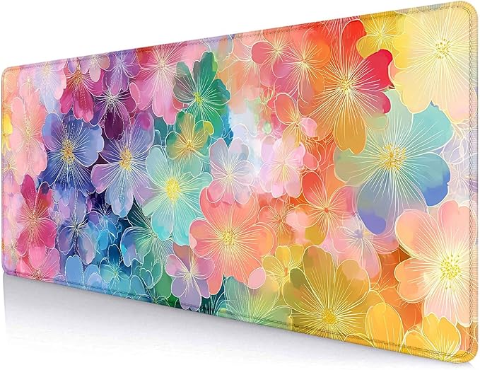 Colorful Flowers Large Mouse Pad Mat, Pink Blue Yellow and Green Pattern Desk Mat, Watercolor Beautiful Floral Desk Pads for Office, Non-Slip Laptop Computer Pad, 31.5x11.8 in