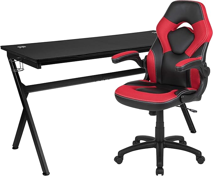 EMMA + OLIVER Black/Red Gaming Desk Bundle - Cup & Headphone Holders/Mouse Pad Top