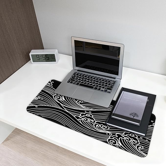 Gaming Mouse Pad with Anti-Slip Rubber Base, Extended Large Computer Mouse Mat with Stitched Edges, Long XL Anime Mousepad for Laptop and Keyboard, 31.5 x 11.8 inch (Black and White Wave)