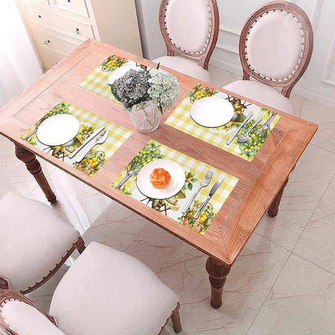 Placemats Set of 4 Heat-Resistant Rectangle Place Mats Yellow Lemon Gnomes Washable Plastic PVC Dining Table Mat Non-Slip Wipeable Woven Vinyl Placemat for Kitchen Patio Table Decor