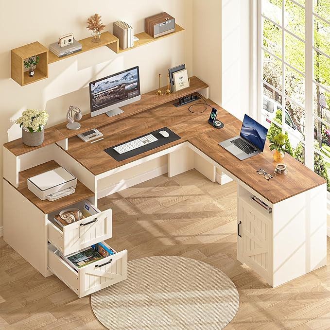 YOMILUVE 63" Farmhouse L Shaped Executive Desk with Drawers & Storage Shelf, Corner Computer Desk with Power Outlets, L Shaped Office Desk with Monitor Stand, Printer Shelf, Antique White