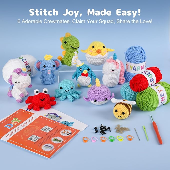 MINGOMINGO Crochet Kit for Beginners Kids - 6 Animal Amigurumi, Mother's Day Birthday Craft Gift Set, Step-by-Step Video Tutorials, 40%+ Yarn, Knitting Starter Kit for Girls Women Adults