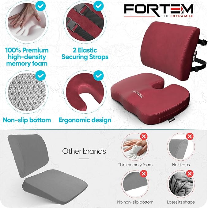 FORTEM Seat Cushion, Office Chair Cushion, Lumbar Support Pillow for Office Chair, Memory Foam Car Seat Cushions, Sciatica Coccyx Tailbone Pain Relief, Cushions for Back Support, Washable, Non Slip XL