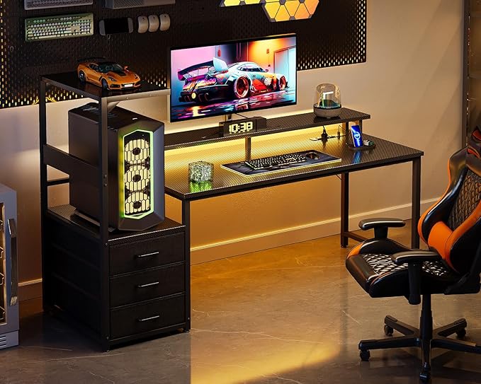 Casaottima 59 Inch Gaming Desk with USB Charging Ports & LED Light - Reversible Computer Desk with 3 Fabric Drawers, Monitor Stand, CPU Stand, Modern Office Desk, Pure Black