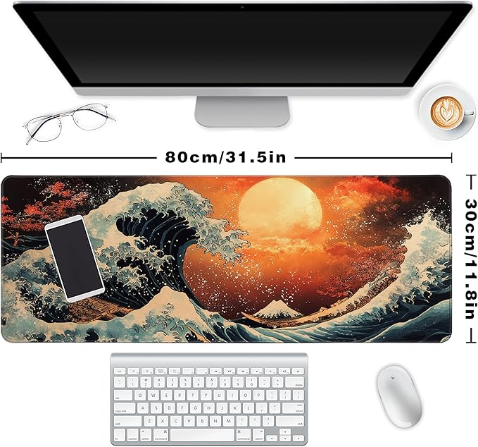 Long Gaming Mouse Pad Extended Anime Large Desk Pad with Non-Slip Base Full Keyboard Mat with Stitched Edges for Gaming and Office 31.5 x 11.8 inches (Orange Wave)