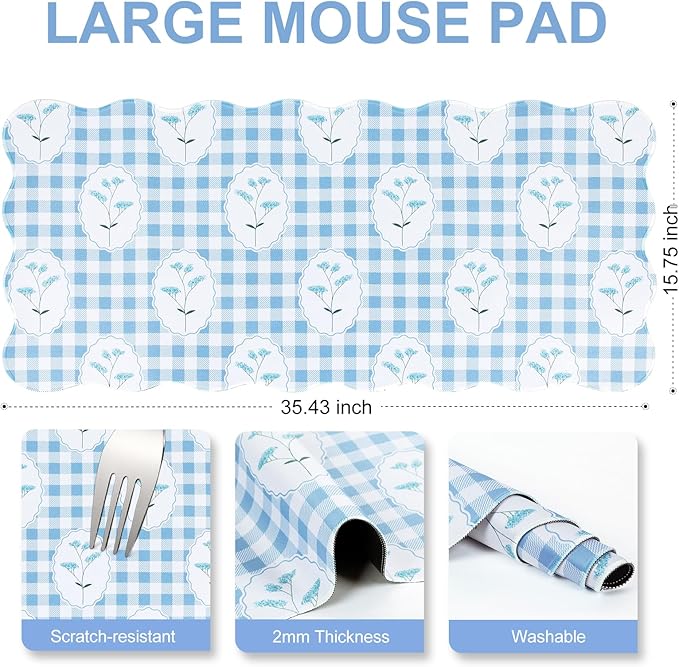 L-SPOUTTO Blue Mouse Pad,Checkered Floral Desk Mat XXL Large Scalloped Cottagecore Gaming Mousepad,35.4x15.7in Non-Slip Rustic Keyboard Pad Desktop Mat for Laptop Computer Game Home Office