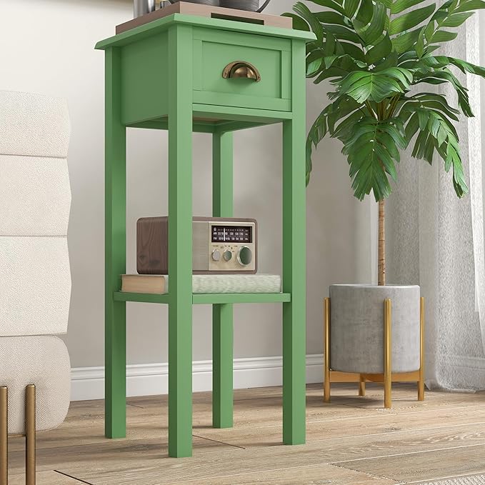 HOMCOM Narrow End Table with Drawer and Bottom Shelf, Slim Side Table for Small Spaces, Skinny Modern Accent Desk for Living Room, Set of 1, Green