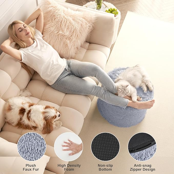 Hansleep Round Stuffed Pouf Ottoman 17 x 14, Foam Filled Faux Fur Ottoman Foot Rest for Chair with Washable Cover, Foot Stools Under Desk for Living Room & Bedroom, Grey