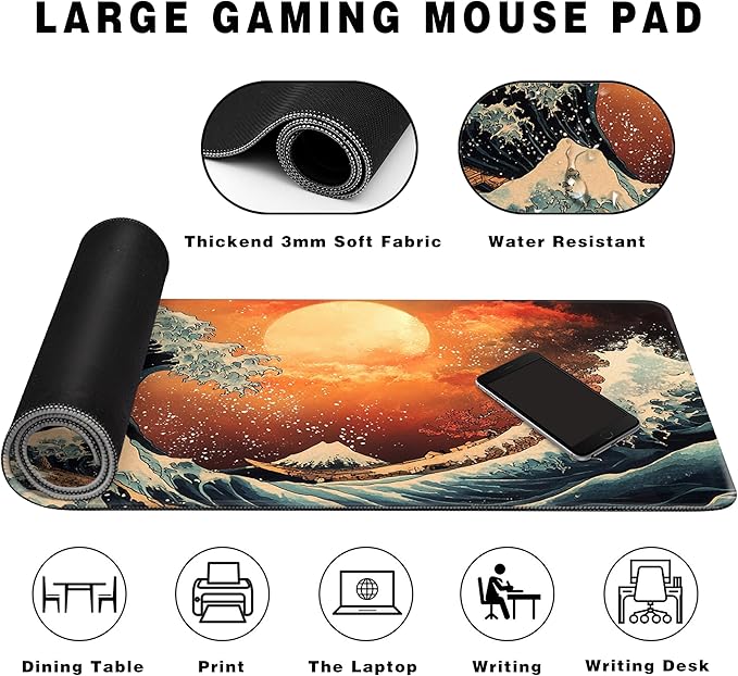 Long Gaming Mouse Pad Extended Anime Large Desk Pad with Non-Slip Base Full Keyboard Mat with Stitched Edges for Gaming and Office 31.5 x 11.8 inches (Orange Wave)