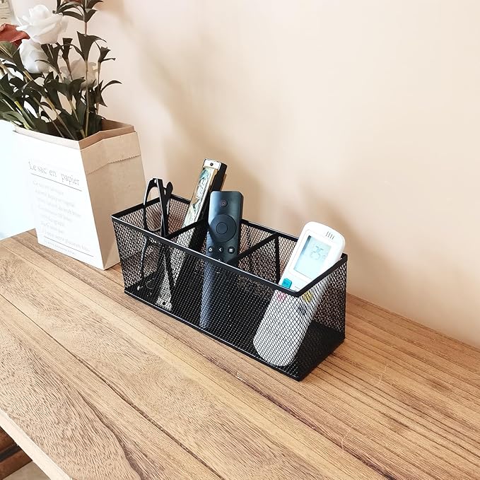2-Pack Metal Mesh Pencil Holder, Spacious 3-Compartment Desk Organizer for Pens, Makeup Brushes, Utensils, Desktop Storage for Home, Office, School, Kitchen, 10.43x3.35x4.04 Inch, Black