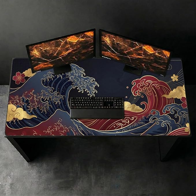 48x24in Large Gaming Mouse Pad, Traditional Japanese Wave Extended Desk Mat, Non-Slip Waterproof Keyboard Pad with Gold Accents for Home Office Gaming