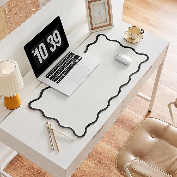 Scalloped Desk Mat, 31.5" x 15.7", PU Leather, Waterproof Anti-Slip, Cute Aesthetic Desk Pad for Office/Home/Game/Vanity (Black, Large)