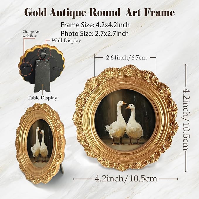 Small Vintage Couple Goose Duck Round Picture Frame Wall Decor, Farmhouse Gold Mini Ornate Photo Frame for TableTop Desk 2.7in Photo, Rustic Framed Artwork for Walls Office Bedroom Shelf