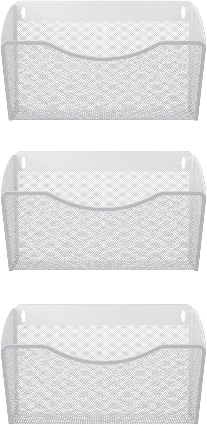 EasyPAG 3 Pack Wall File Organizer, Metal Mesh Hanging File Folder Holder for Letter/A4 Size Folders, Vertical Wall Mount Mail Sorter for Office Paperwork, Classroom, White