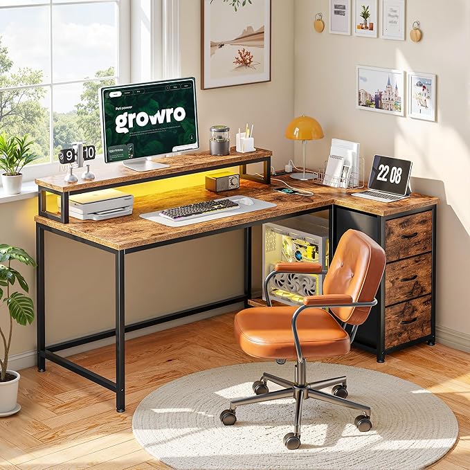 EnHomee 48" L-Shaped Computer Desk with 3 Drawers, 35.4" Monitor Riser, RGB LED Lights,3 AC outlets & 1 Type-C Charging Station, Reversible Corner Gaming Desk for Home Office, Study Room,Rustic Brown