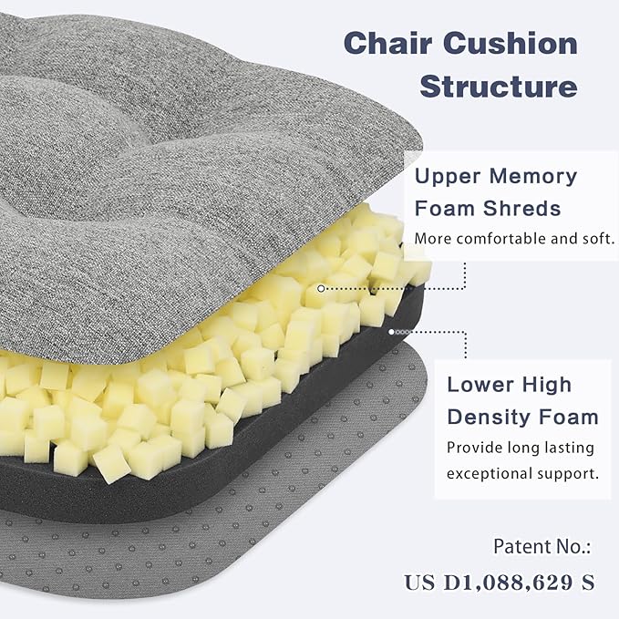 baibu Set of 4 Dining Chair Cushions, Dual-Layer Patent Design Memory Foam Kitchen Chair Cushions, Non-Slip Seat Pads with Ties, 16.5 x 16.5 x 3.5in, 4 Pack,Light Grey