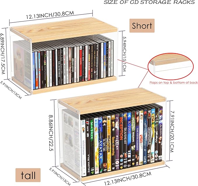 2Pack Stackable Wood Acrylic CD Holder Desk Rack Organizer Holds up to 60 CD Jewel Cases Media Storage Rack for Movie & Video Games Collections,Natural Wood