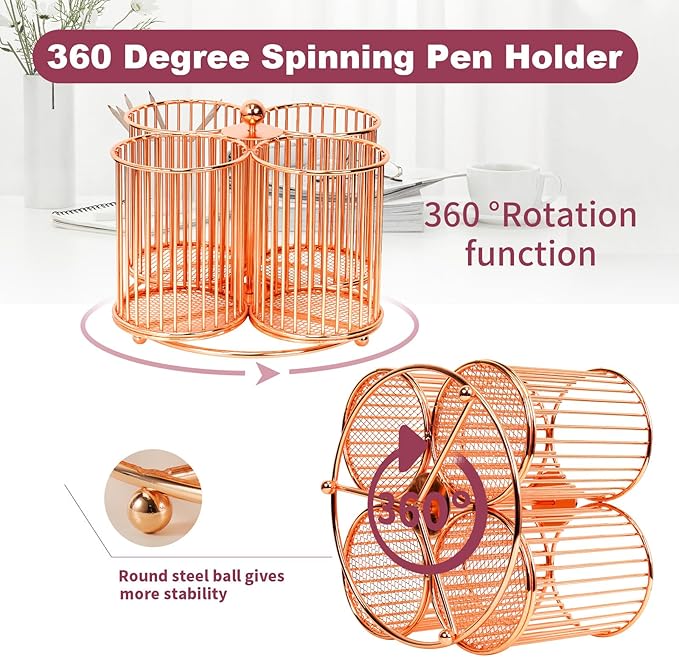 360 Rotating Pen Holder, Large Pencil and Marker Organizer with 4 Slots, Desk Caddy Accessory (Rose Gold)