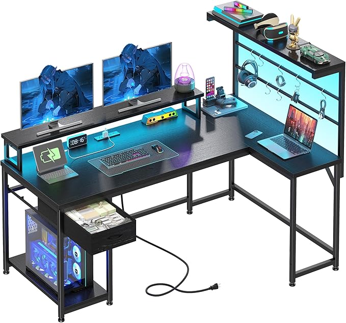 EnHomee 53" L Shaped Gaming Desk with RGB LED and Power Outlets, Reversible Corner Desk with Monitor Stand, Computer Desk with Deep Drawer & Storage Shelf for Home Office & Gaming, Black