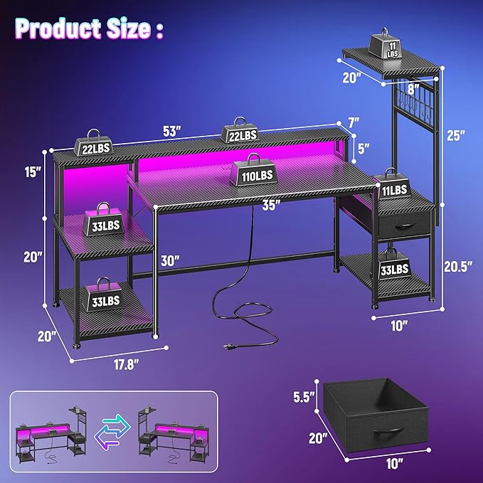 DurayLoly 63" Gaming Desk with LED Lights & Outlets,Computer Desk with Drawers & Monitor Stand,Gaming Table with 3 Storage Shelves, Hooks& Printer Space for Game&Study Room,Home Office,Bedroom,Black