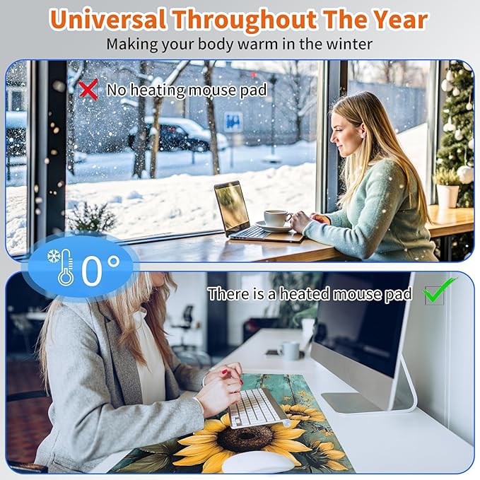 Heated Mouse Pad,Warm Desk Pad with 3 Levels Heating & 3 Hours Auto Shut-Off, PU Leather Heated Desk Pad Warmer Pad for Home Office - 31.5 x 13 inch,Sunflower Blue Wood Grain