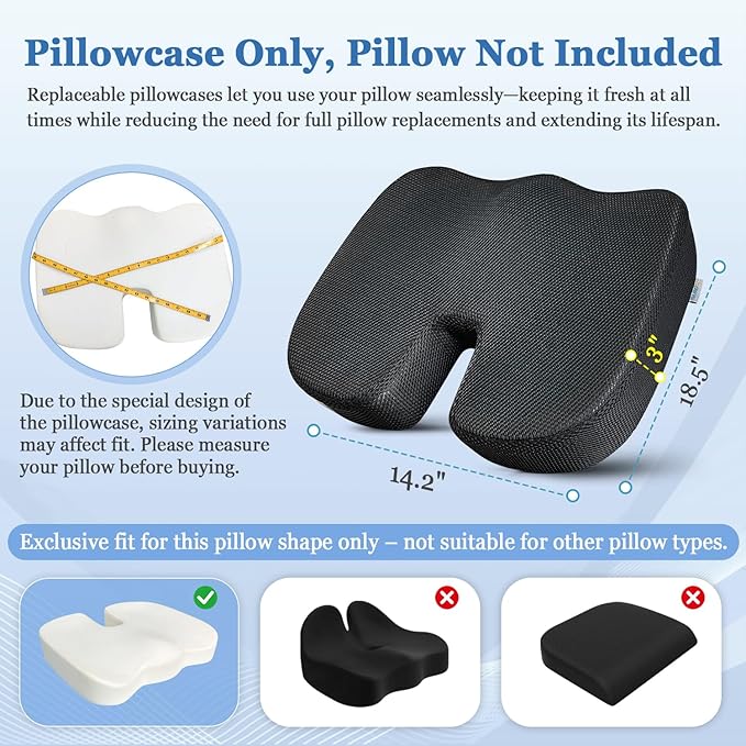 Coccyx Seat Cushion Cover for Tailbone Back Pain Relief Office Chair Butt Sacroiliac Pillow Case Fit ComfiLife、Everlasting Comfort U-Shaped Gel & Memory Pad Replacement Cover（Only Pillowcase）
