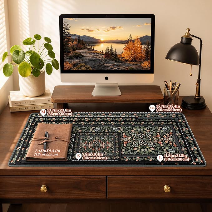 iCasso Aesthetic Flower Mouse pad for Laptop, Desk Pad Mat, Vintage Desk Matt for Desktop 13.7"x23.6", Anti-Slip Mousepad with Stitched Edges for Laptop Computer Keyboard(Black)