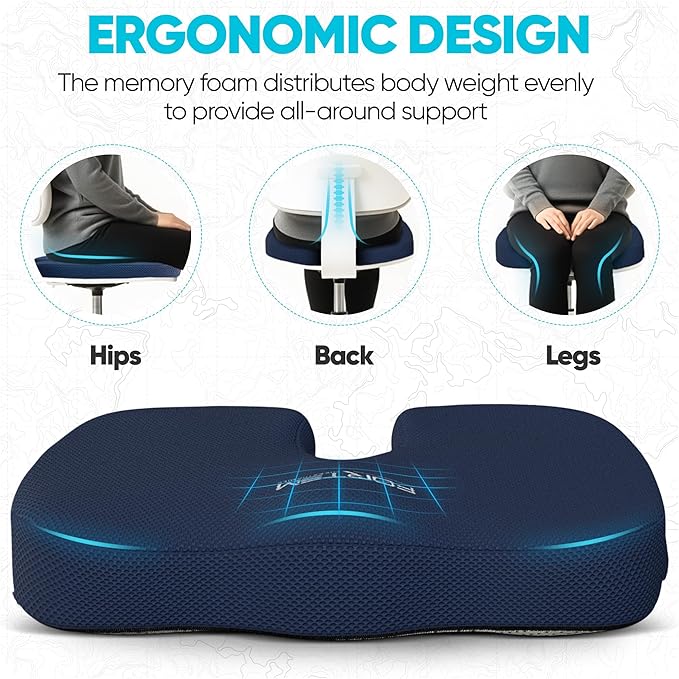FORTEM Seat Cushion, Office Chair Cushion, Memory Foam Car Seat Cushions, Sciatica Coccyx Tailbone Pain Relief, Chair Cushions for Back Support, Sitting Pad for Gaming, Washable Cover, Non Slip, XL