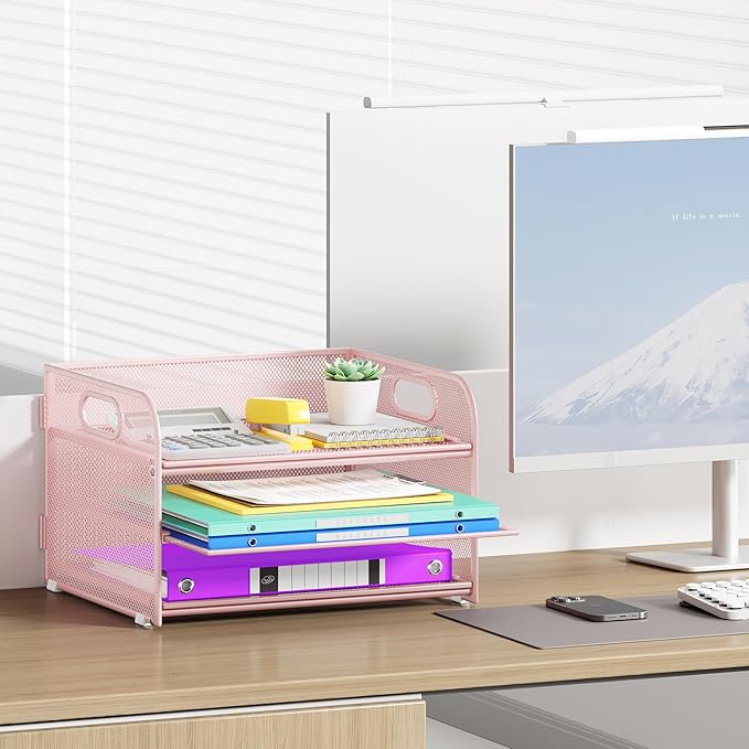 Cawukege 3 Tier Paper Organizer with Handle, Metal Desk Organizer Mesh Paper Letter Tray Desktop File Folder Document Sorter for Classroom, School, Office Accessories Storage (1, Pink)