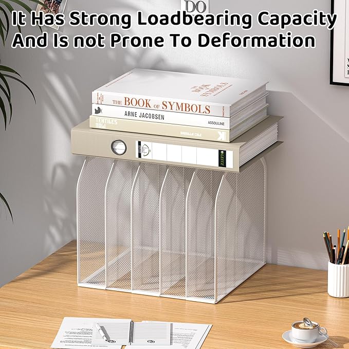 FANXIYQ White 5-Section File Folder Organizer for Desk – 8.5"×9.3" Metal Vertical File Holder, Desktop File Organizer Vertical Stand, Letter/A4 Upright File Sorter