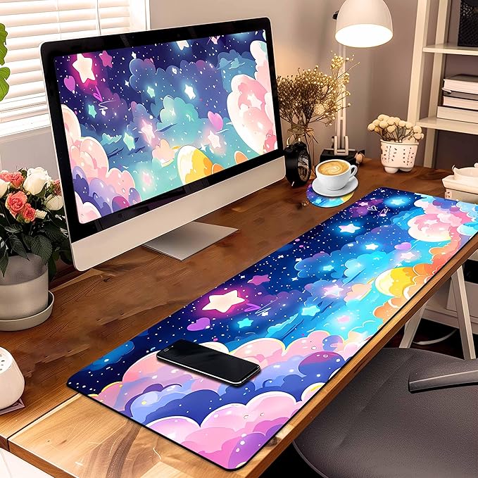 Extended Mouse Pad with Coaster 31.5 x 11.8 Desk Pad Full Desk Mousepad Stitched Edges Desk Mat Long Large Gaming Mouse Pad for Desk Office Home Rainbow Star